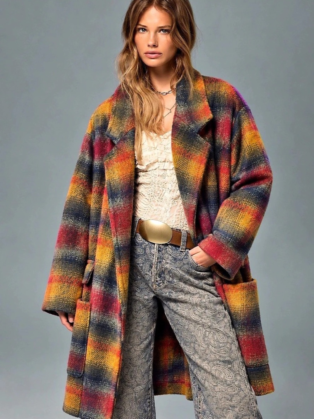 French Country Plaid Wool Coat Size Medium